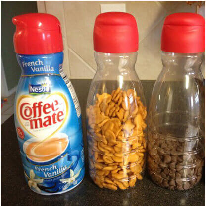 Small-Snacks-in-Coffee-Creamer-Containers, organize my kitchen