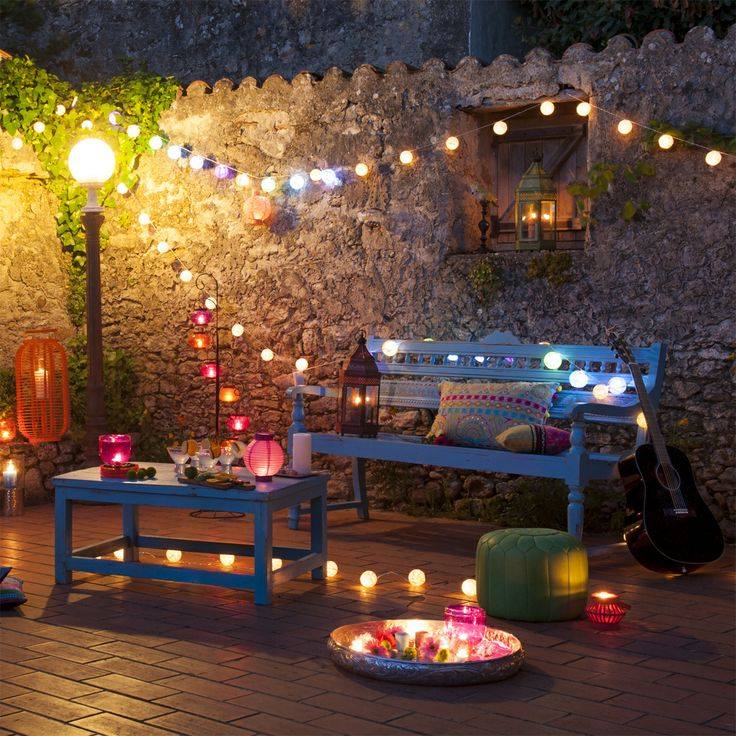 Outdoor Diwali Party Seating Ideas, outdoor patio seating area, Solar string lights, solar table top lanterns